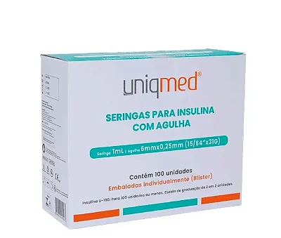 SERINGA INSULINA C/ AGULHA 1ML 6MM X 0,25MM 31G UNIQMED CX 100 UN