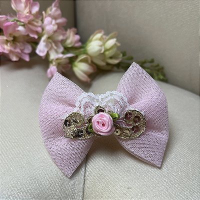 Laço Rosa com Rendinha e Dourado para Pets