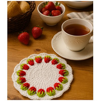 Porta Copos de Crochê Artesanal com Morangos – Decoração para Mesa