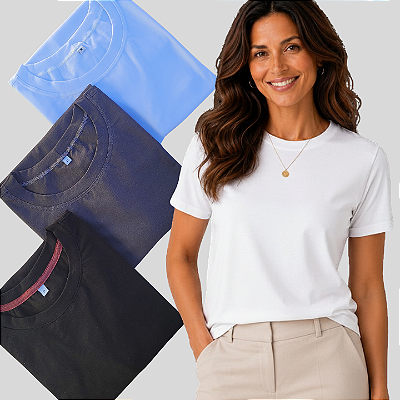 Trio Essencial-Preta, Grafite e Branca-Blusas Básicas Femininas Algodão