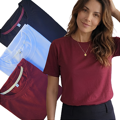 Trio Elegance-Preta,Marsala e Branca-Blusas Básicas Femininas Algodão