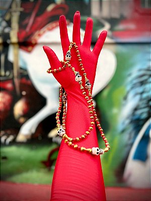 Guia Cristal Dourado e Vermelho com Caveira