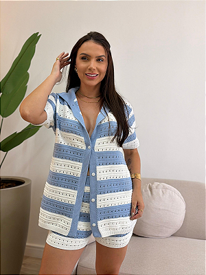 Conjunto tricô listrado short e blusa Laura