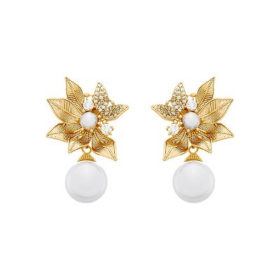 Brinco Dourado com Folhas em Zircônia e Pérolas