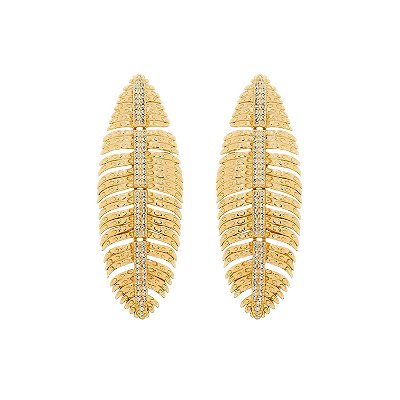Brinco Dourado de Pena Cravejado de Zircônia