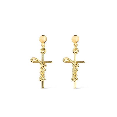 Brinco Dourado de Cruz com a palavra Jesus
