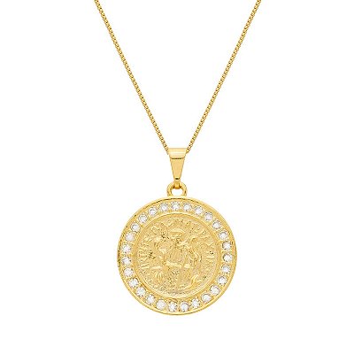 Colar Dourado Medalha São Miguel Arcanjo Cravejado de Zircônia