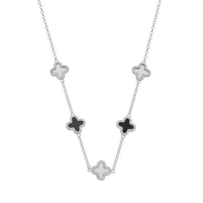 Colar Prateado de Trevos Pretos e Brancos Cravejados de Zircônia