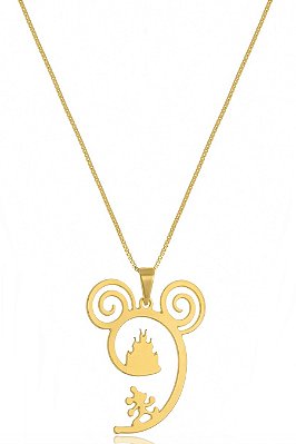 Colar Personalizado Castelo Da Disney E Mickey Folheado Em Ouro 18k