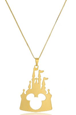Colar Personalizado Castelo Disney Com Mickey Vazado Folheado Em Ouro 18k