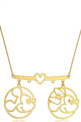 Colar Personalizado Mickey E Minnie Coração Folheado Em Ouro 18k