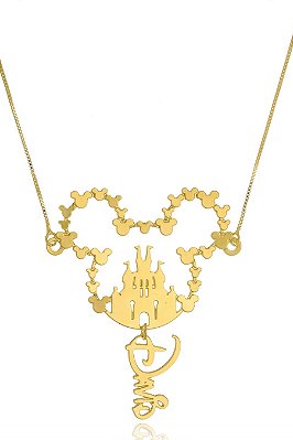 Colar Personalizado Mickey Com Castelo E Nome Folheado Em Ouro 18k