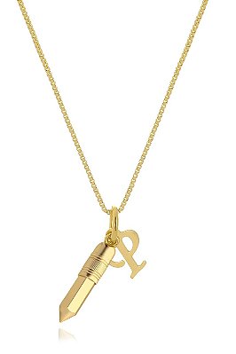 Colar Personalizado Lápis E Inicial Do Nome Folheado Em Ouro 18k