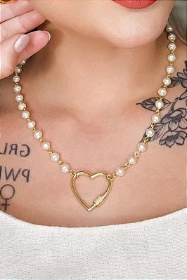 Colar De Pérola Torneada Com Fecho Em Forma De Coração Banhado Em Ouro 18k