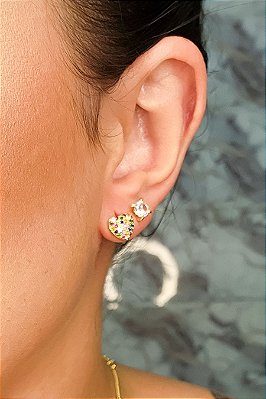 Brinco Pequeno De Coração Com Zircônias Colorido Banhado Em Ouro 18k