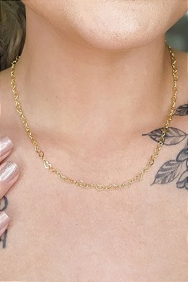 Colar De Corrente Com Elos Em Coração Banhado Em Ouro 18k