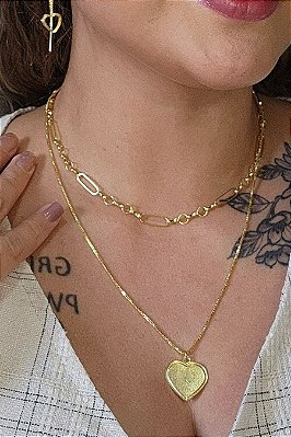 Colar Duplo Com Coração Banhado Em Ouro 18k