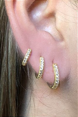 Trio De Brincos De Argolinha Com Fio Lateral Banhado Em Ouro 18k