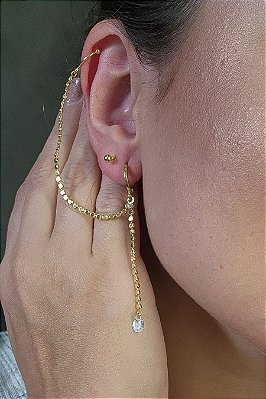 Brinco Argolinha Corrente Com Ponto De Luz E Piercing Fake Banhado Em Ouro 18k