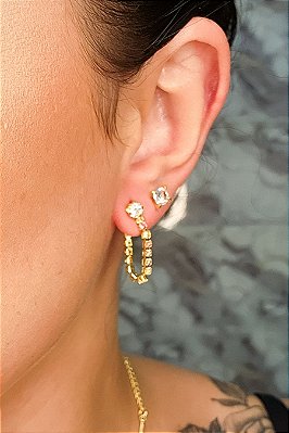 Brinco Corrente De Zircônias Coloridas Sortidas Com Zircônia Na Ponta Banhado Em Ouro 18k