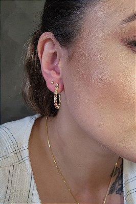 Brinco Corrente De Zircônias Coloridas Sortidas Banhado Em Ouro 18k