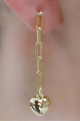 Brinco Corrente Elo Com Coração Na Ponta Banhado Em Ouro 18k