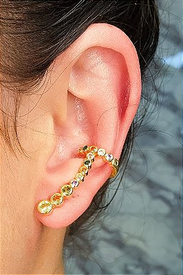 Brinco Ear Cuff Com Piercing Fake E Zircônias Colorida Banhado Em Ouro 18k
