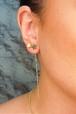 Brinco De Fio Com Estrela Banhado Em Ouro 18k