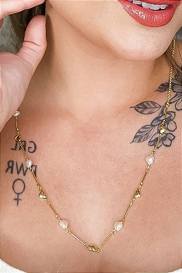 Colar Com Pérolas De Coração Banhado Em Ouro 18k