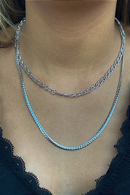 Colar Duplo Com Correntes Grossas Banhado Em Ródio Branco