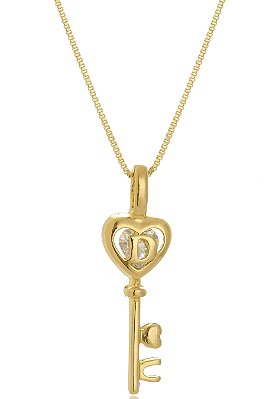 Colar Personalizado Chave Com Zircônia E Inicial Dentro Folheada Em Ouro 18k