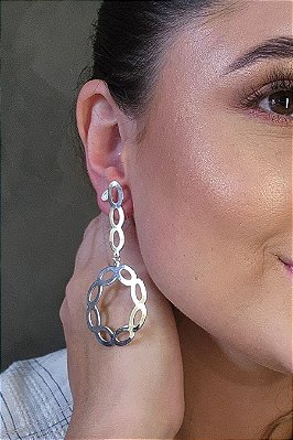 Brinco Com Fio E Círculo Com Arcos Banhado Em Ródio Branco
