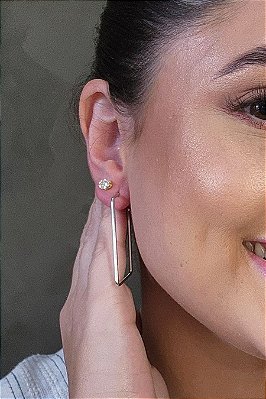 Brinco Argola Grande Retangular Banhado Em Ródio Branco