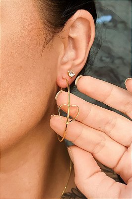 Brinco Argola Grande Fina Com Coração Embutido Banhado Em Ouro 18k