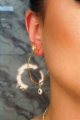 Brinco Argola Média Olho Grego Banhado Em Ouro 18k