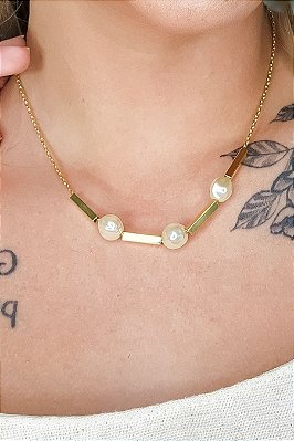 Colar Pérola E Retângulo Banhado Em Ouro 18k