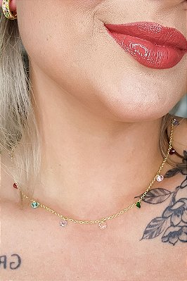 Colar Corrente Americana Com Zircônias Multicolor Banhado Em Ouro 18k