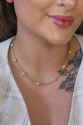 Colar Corrente Americana Com Pérolas Banhado Em Ouro 18k