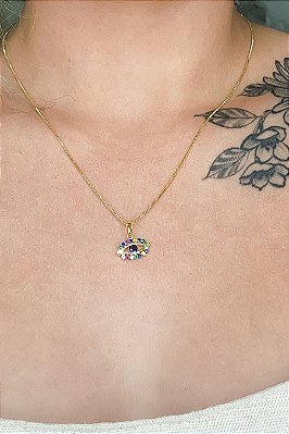 Colar Pingente Olho Grego Com Zircônia Multicolor Banhado Em Ouro 18k