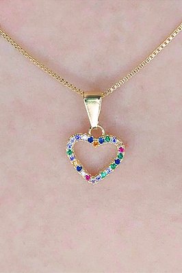 Colar Pingente Coração De Zircônias Coloridas Sortidas Banhado Em Ouro 18k
