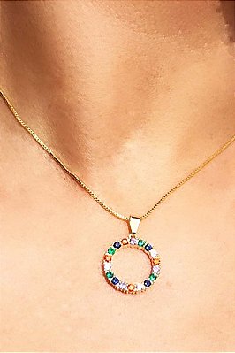 Colar Pingente Circulo De Zircônia Colorida Banhado Em Ouro 18k