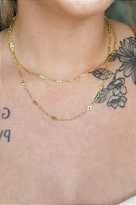 Colar Duplo Corrente Lisa Corrente Trabalhada Banhado Em Ouro 18k