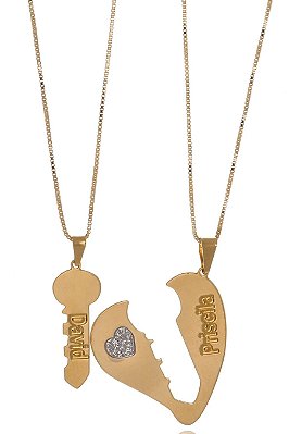 Colar Personalizado Coração E Chave Que Se Completam Folheado Em Ouro 18k