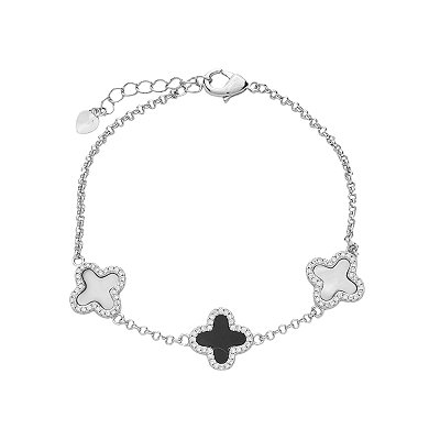 Pulseira Prateada de Trevos Pretos e Brancos Cravejados de Zircônia