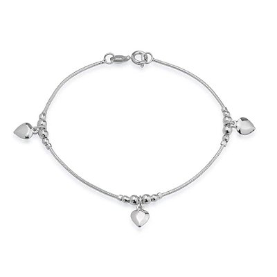 Pulseira Prateada Lisa com 3 Pingentes de Coração