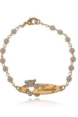 Pulseira Personalizada Perolas Chapada Nome Ursinho Folheada Ouro 18k