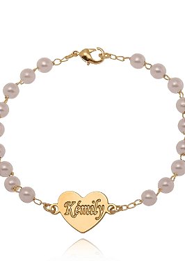 Pulseira De Pérolas Com Coração E Nome Gravado Folheado Em Ouro 18k