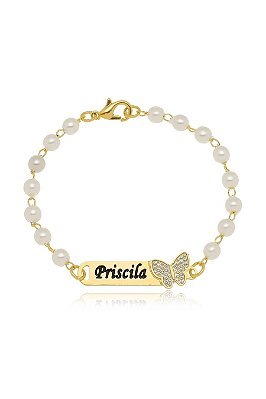 Pulseira Personalizada Com Perola E Nome Folheado Em Ouro 18k