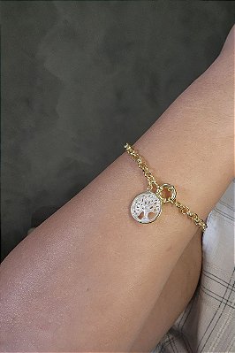Pulseira Dourada Com Pingente árvore Da Vida Banhado Em Ouro 18k