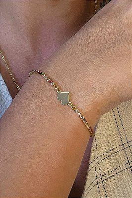 Pulseira Corrente De Zircônias Coloridas Sortidas E Coração Chapado Banhado Em Ouro 18k